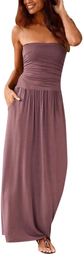 Womens Bandeau Holiday Off Shoulder Long Dress Ladies Summer Solid Maxi Dress