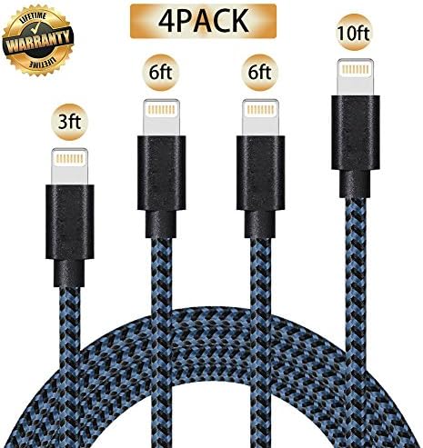 Lightning Cable,Pakkey Charger Cables 4Pack 3FT 6FT 6FT 10FT to USB Syncing and Charging Cable Data Nylon Braided Cord Charger for iPhone X/ 8/8/Plus/ 7/7 Plus/ 6/6 Plus/ 6s/6s Plus/ 5/5s-Black & Blue