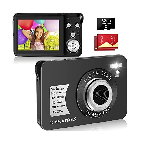 Digitalkamera, Kompaktkamera 30MP 2,7-Zoll- mit 8X Digitalzoom Fotoapparat Digitalkamera mit 32 GB SD-Karte und 2…