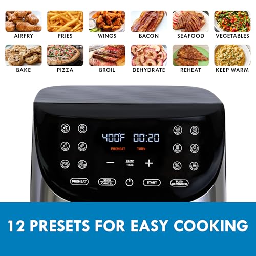 Kenmore Freidora de aire de 8 cuartos - Aerogrill, cesta para freír antiadherente, patatas fritas, pantalla táctil digital, 12 presintonías, freidora eléctrica, aparato de cocina para encimera, acero inoxidable, negro