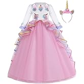FMYFWY Unicorn Costume for Girls Birthday Pageant Party Dress Halloween Christmas Long Sleeve Maxi Tulle Ball Gown w/Headband
