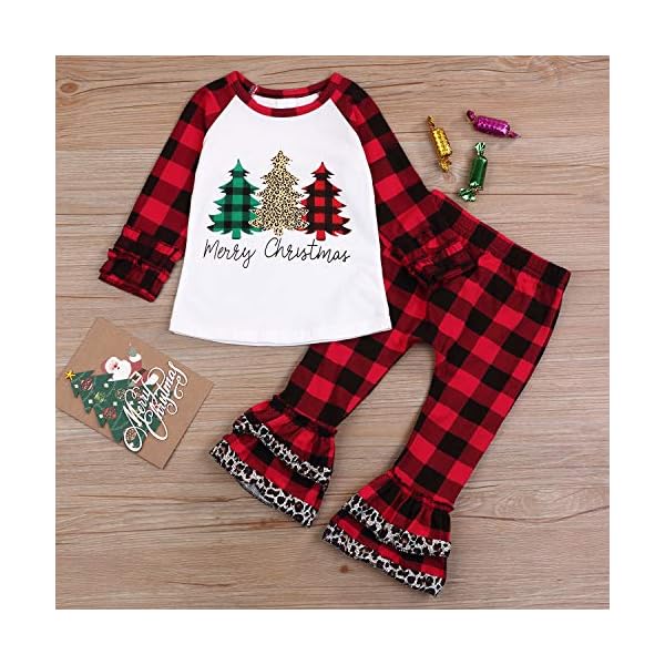 Christmas Outfits Infant Toddler Baby Girls Merry Christmas Ruffle T-Shirt Plaid Leopard Bell Bottom Pants Fall Clothes… - Image 3