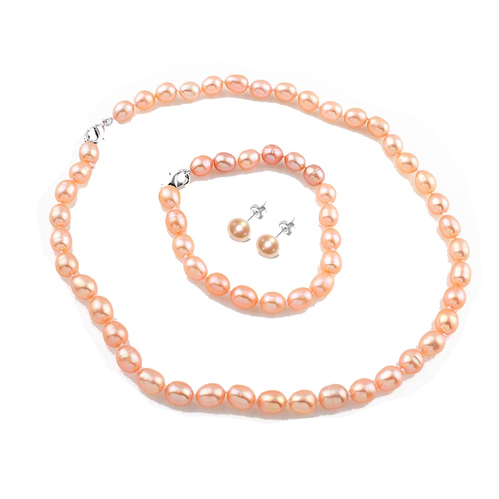 Treasure Bay Pink Freshwater Pearl Necklace, Bracelet, and Earrings Set for Women | 7-8mm Cultured Pearl Jewelry Gift Set