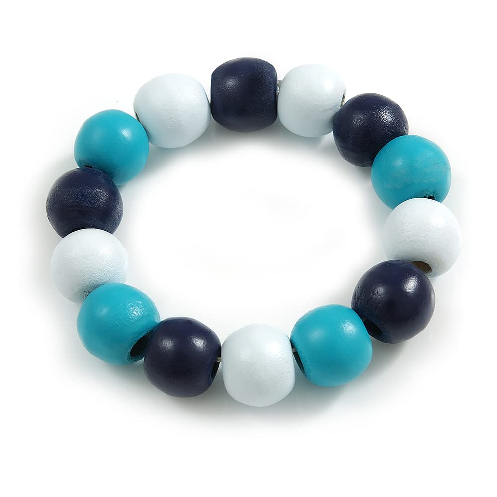 Avalaya Chunky Wooden Bead Flex Bracelet Turquoise/White/Dark Blue - M/L