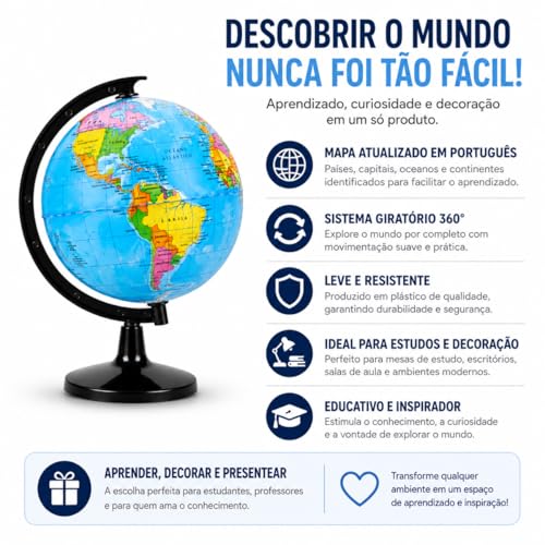 Globo Terrestre Político Giratório com Mapa Atualizado Países e Capitais BR