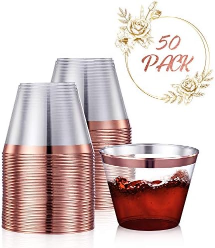 50 Rose Gold Party Cups 9 Oz Clear Plastic Cups Old Fashioned Tumblers | Rose Gold Rim Disposable Hard Party Cups for Wedding, Parties, Fancy Bridal Shower Decor