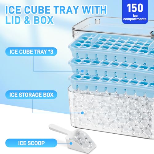 Cubiteras para Hielo, Cubitera con tapa,150 cubitos de hielo, incluye 3 bandejas para hielos, 1 pala de hielo, sin BPA, material apto para alimentos, ideal para whisky, cócteles, café, bebidas. (Azul)