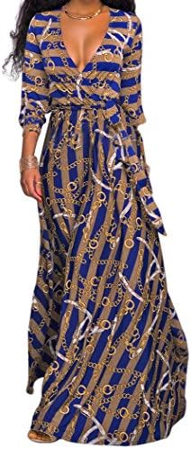 Jefferson Womens Sexy Plus Size Striped V Neck Long Sleeve Drawstring Cocktail Party Long Maxi Dresses(L, Blue Striped)
