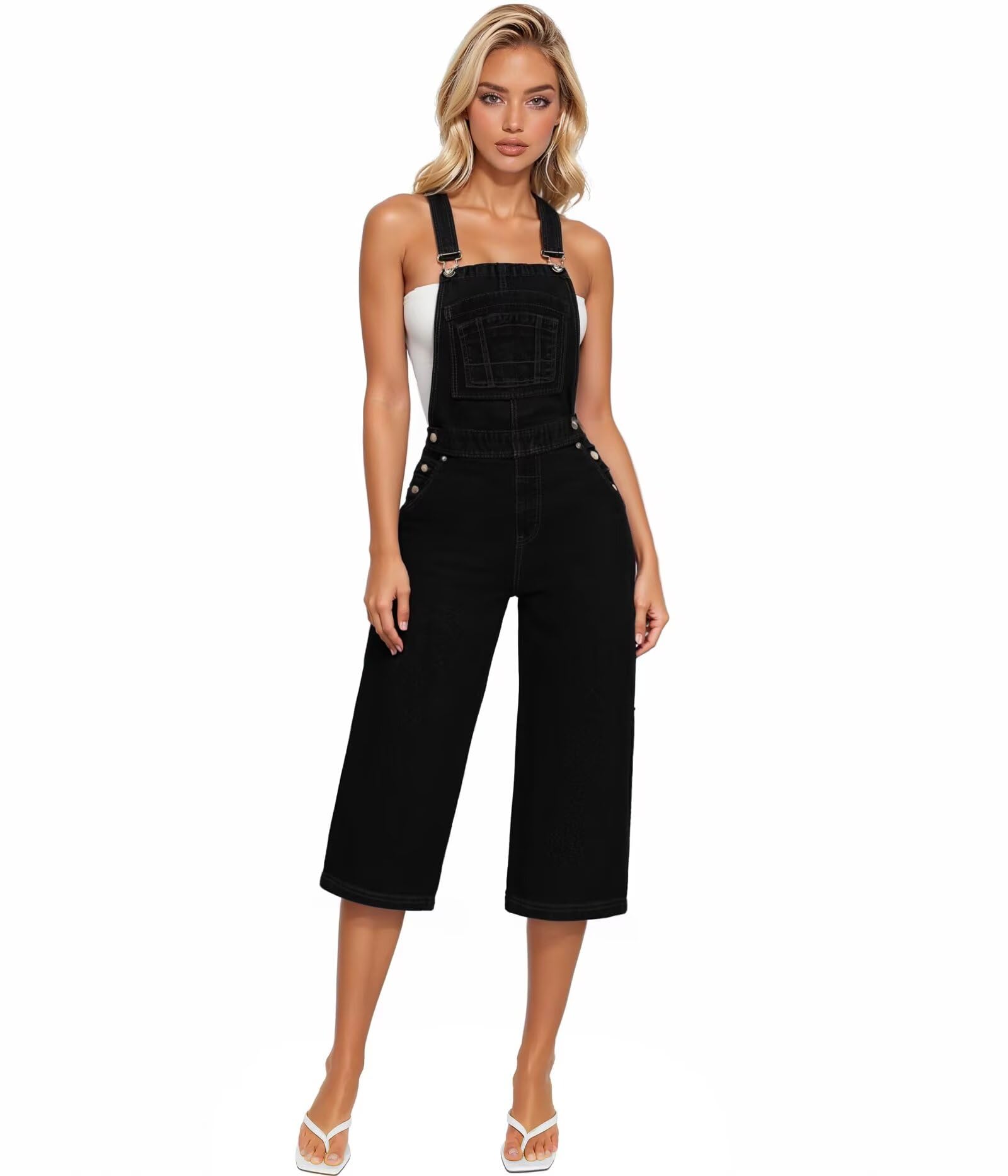 Photo 1 of & Company Womens Denim Bib Sleeveless Overalls Utility Rompers Capri Jumpsuit with Pockets QVJ156998 BLACK M
