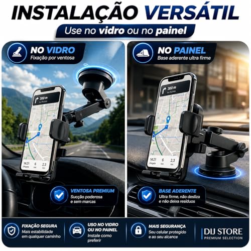 Suporte Celular Veicular para Carro 360° Premium, Ventosa Ultra Forte, Antivibração, Sistema Antiqueda Reforçado, Ajuste 4 Eixos, Fixação Firme no Painel e Vidro, Compatível com Todos Celulares