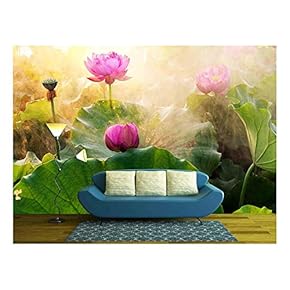 Beautiful Lotus Flower in Blooming at Sunset - Removable Wall Mural | Self-Adhesive Large Wallpaper - 66x96 inches