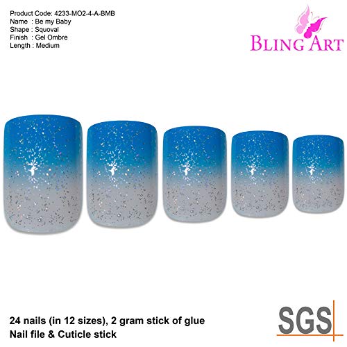 False Nails Bling Art French Fake Blue Be My Baby Squoval 24 Acrylic Medium Tips