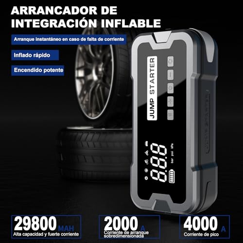 Arrancador de Coches con Compresor de Aire, 4000A 150PSI Arrancador Portátil de Batería de Coche, Arrancador de Emergencia con Cable de Puente de Seguridad Inteligente Visualización LCD Linterna