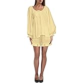 Puhrissimus Womens 2 Piece Pajamas Puff Sleeve Ruched Tops and Matching Shorts Sleepwear Outfits Sets for women loungwear