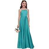 WDCVGTR Satin Junior Bridesmaid Dress for Wedding A-Line Straps Bow Knot Flower Girl Dress Sleeveless Long Formal Events Gown
