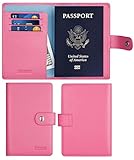 SimpacX Leather Passport Holder Wallet Cover Case Travel Wallet RFID Blocking 12 Contract Colors(Pink)