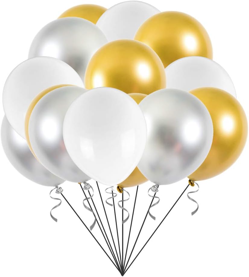 Chrome Gold Balloons Metallic Silver Balloons Pearl White Balloons 12 Inch 60 Pack Gold and Sliver and White Latex Balloons Metallic Party Balloons Birthday Helium Balloons