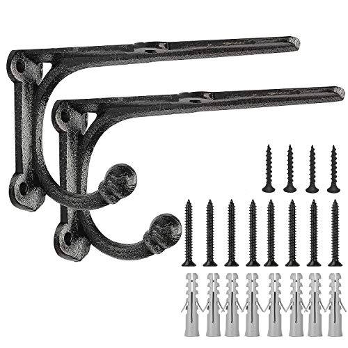 Photo 1 of Shelf Brackets with Hooks, Heavy Duty Floating Shelf Bracket, Cast Iron Shelving Brackets for DIY Wall Shelves, Rustic Shelf Brackets 6 Inch, 2 Pack