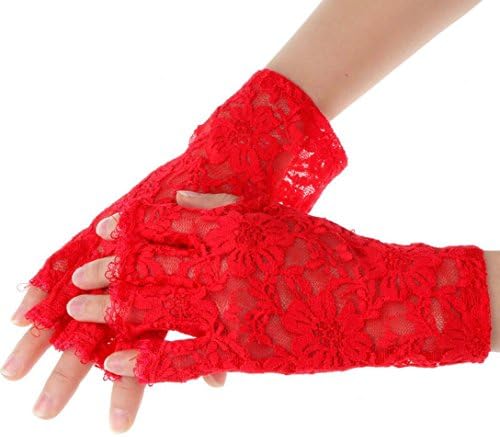 Sinineflower Women Lady Party Sexy Dressy Lace Gloves Mittens Fingerless Style RD (Free Size, Red)