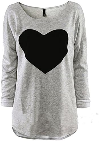 Women Tops O-Neck Long Sleeve Heart Printed Casual Shirt (Medium, Grey)