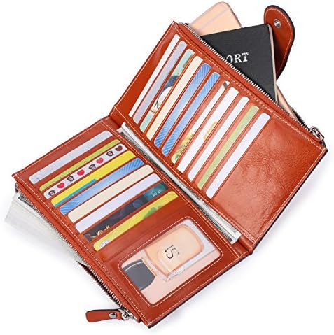RFID Blocking Wallet Wax Real Leather Zip Clutch Large Travel Purse Credit Card Organizer (Camel)