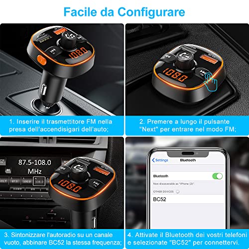 Goigrn Bluetooth per Auto, 7 Colori Controluce Trasmettitore Bluetooth per Auto con Ricarica QC3.0 e Porta USB 5V 2,4A, Kit Vivavoce per Auto, Trasmettitore Bluetooth Supporto U Disk/TF Card