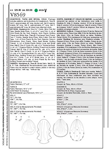 Vogue Bridal Pattern 8569 Headpieces, Tiara and Bridal Veils with Variations