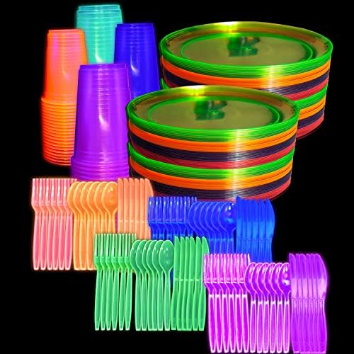 Neon Black Light Party Supplies Set Serves 80 Guests 9” Plates, 10 Oz