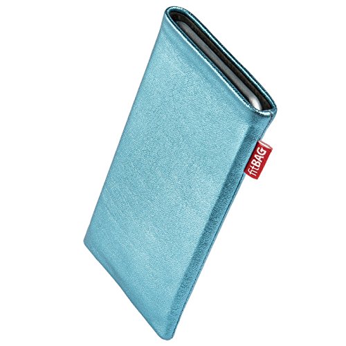 fitBAG Groove Turquoise custom tailored sleeve for LG L50 Sporty. Fine nappa foil leather pouch with integrated microfibre lining for display cleaning