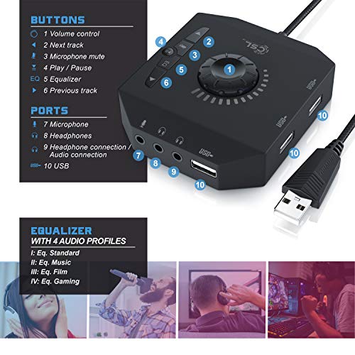 CSL-Tarjeta-de-Sonido-Externa-USB-Tarjeta-de-Sonido-con-Control-de-Volumen-concentrador-USB-Conexion-para-Auriculares-Cascos-microfonos-Ecualizador-Control-de-un-Reproductor-de-Sonido