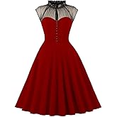 Women Ruffle Mock Neck Frill Trim Mesh Corset Dress Keyhole Buttons Sleeveless Patchwork A Line Flared Party Dress Vintage Cocktail Dresses for Women Wedding Prom Short Bridesmaid Dress Wine Red M