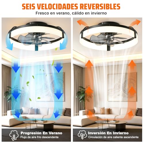 Ventilador de Techo con Luz 50cm/20in, Lámpara con Remoto y APP, Luz 3 Colores, 6 Velocidades, Función Temporizador, Motor de CC Silencioso y Reversible