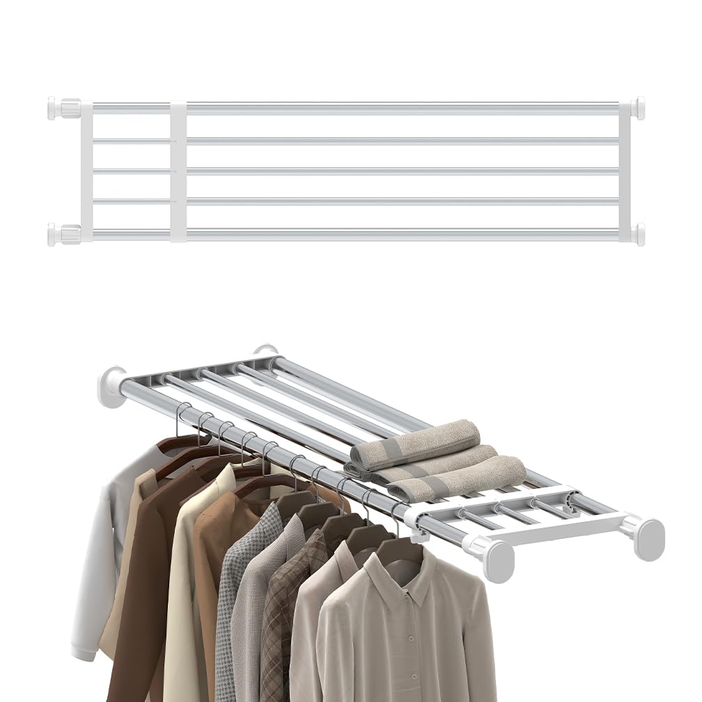 Hershii Adjustable Wardrobe Tension Shelf Divider Heavy Duty Expandable Clothes Hanging Rail Extra Long Cupboard Closet Organizer Garment Storage Rack for Bathroom, Kitchen, Plant Stand, Bookshelf