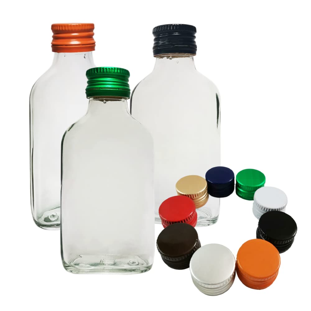 DIAH DO IT AT HOME 10x 100ml Mini Glass Pocket Flask Bottles with Mixed Color Metal Screw Caps - Clear Empty Small Flasks for Home Brewing, Spirits, Gin, Vodka, Shots, Wedding Favors & DIY Crafts