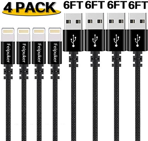 Lightning cable, FEIPUKER 4 PACK (6FT) Nylon Braided Charging Cable Cord Lightning to USB Cable Charger Compatible for IPhone 7/ 7 Plus/6/6s/6 plus/6s plus/ 5c/5s,iPod, iPad, and More (4 PACK Black)