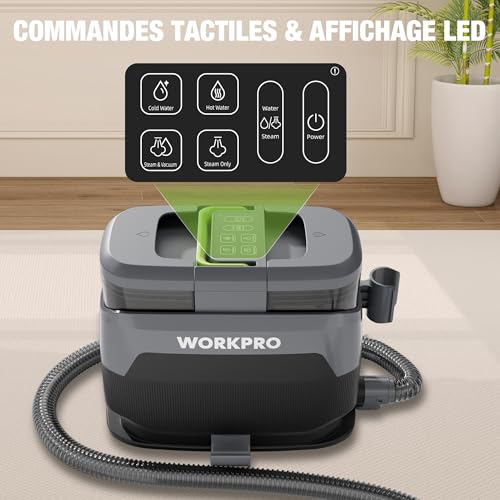 WORKPRO Shampouineuse et Nettoyeur Vapeur 4 en 1 pour Tapis et Tissus d’Ameublement avec Aspirateur Laveur 16 kPa, 4 Modes de Nettoyage, Nettoyeur Canapé Tissu, Matelas, Rideaux, Poils, Voiture
