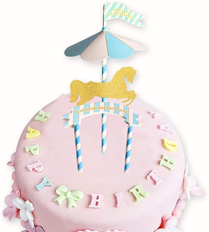 Trixes Carousel Horse Happy Birthday Decorative Cake Topper Pink And White With Banner And Flag Home Kitchen Dining Dri Pwr Edu Pl