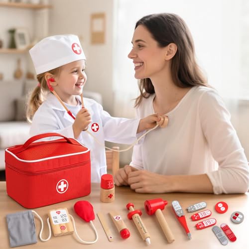 Doctor's Case Children from 3 Years, Toy from 3 Years, Wooden Doctor Case with Doctor's Coat, Doctor's Bag, Stethoscope, Thermometer, Role Play Children's Toy, Gift Children 3 4 5 Years Girls Boys
