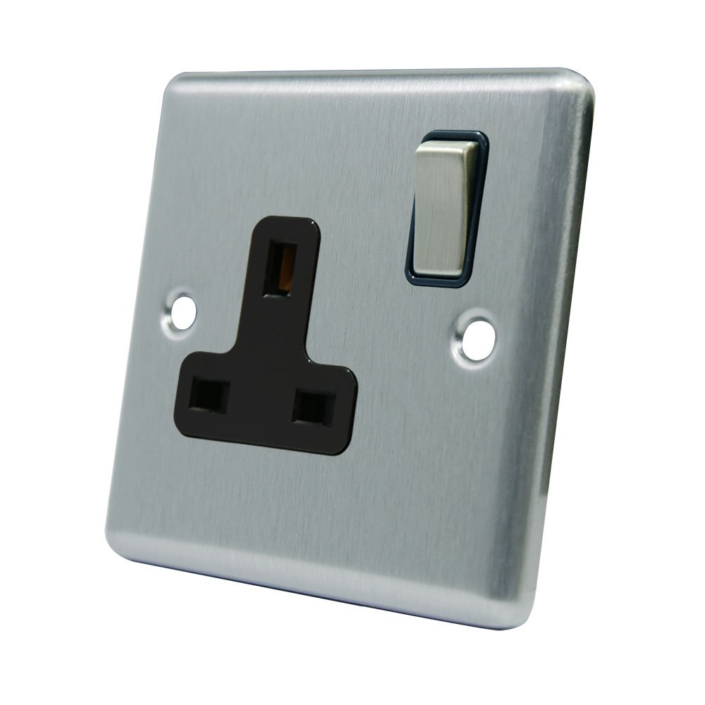 AET CSC1GSOCBS 13 A 1-Gang Satin Finish Chrome Classical Single Plug Socket with Black Insert Metal Rocker Switch