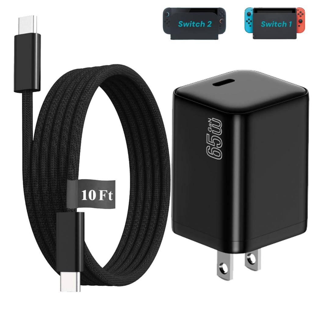 EGK 10FT Charger for Nintendo Switch (All Series), 65W AC Power Adapter Fast Charging Cable for Switch 1/2 Dock TV Mode, for Steam Deck, for ROG Ally and More