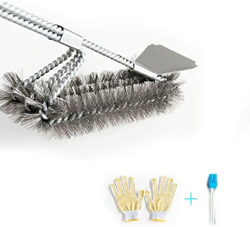 Grill Brush and Scraper 18" Stainless Steel BBQ Cleaner - Triple Scrubber Safe Wire Bristles &amp; BBQ Cooking Glove Grilling &amp; Silicone Basting Brush Perfect Grilling Accessories For Cooking Grates