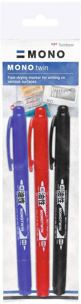 Tombow OS-TME-3P Marker Mono Twin Pack of 3 Colours: Black, Blue, Red