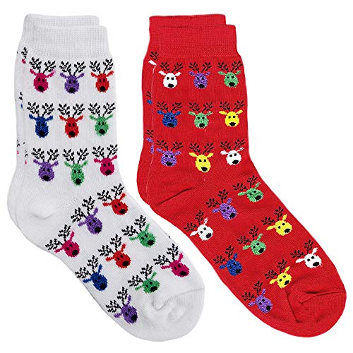 Country Kids Little Girls' Christmas Reindeer Novelty Holiday Stocking Socks, Pack of 2, Fits 4-7 years (shoe size 9-1.5), Red/White