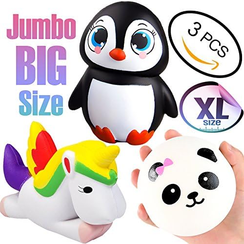 Sqiishys Animals Big Squishies Pack Silly squishues Jumbo Unicorn Squishy Toy Large, 3-Pcs Panda Squishy Penguin Swuishys Giant Slow Rising Squeeze squshies package for Kids Cute Toy Soft squishytoyys