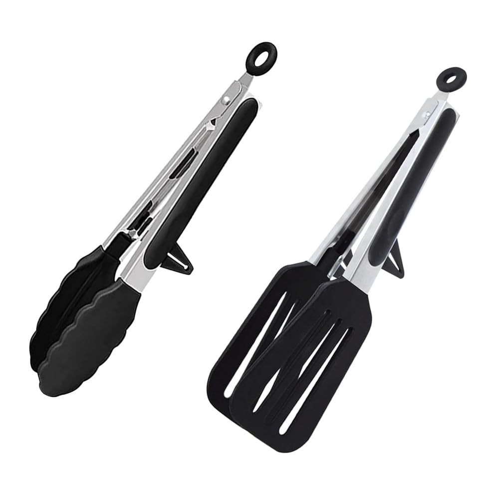 OHAOLYLE Kitchen Tongs 9 Inch Silicone Tongs Non-Slip Cooking Tongs,Suitable for Baking, Frying, Serving(Black,2pcs)