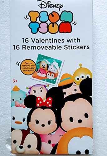 Disney Tsum Tsum 16 valentines with 16 Removable Stickers(ok to peel to remove and restick again and again)