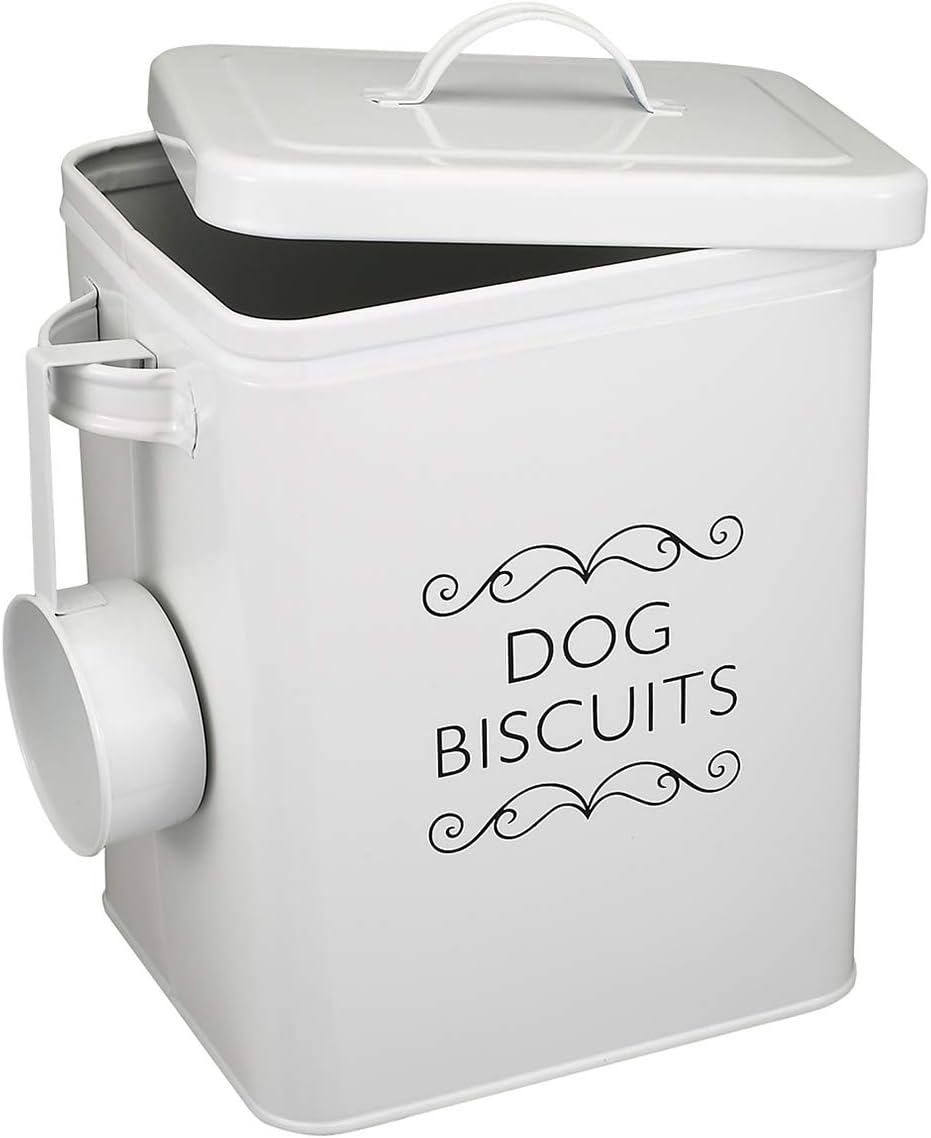 Dog Biscuits Tin with Lid - Pet Treat Collection Metal Storage Canister- Scoop Included