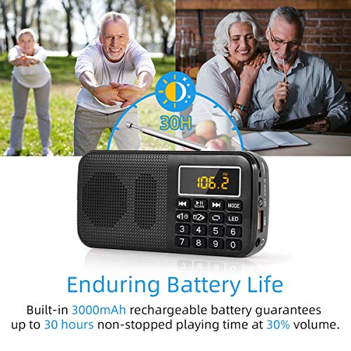 PRUNUS J-725 Portable Rechargeable Radio, FM Radio with 3000mAh Rechargeable Battery, Small Portable Digital Radio with Clock/Alarm Clock and Emergency Lighting, Support MP3/SD/USB/AUX