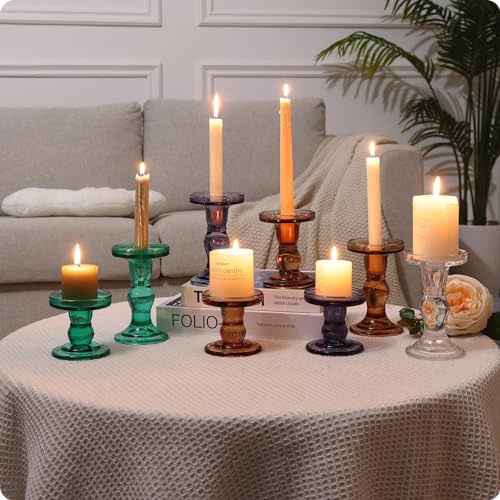 Blue Glass Candle Holder Set, QENUIITEA Set of 3 Clear Candlesticks Holders Pillar Taper Candles Tea Light Stand for Centerpieces Church Wedding Party Home Decor Dining Table