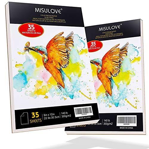 MISULOVE Watercolor Paper, 9x12", Glue Bound, AcidFree Paper, 70 Sheets (140lb/300gsm), Art
